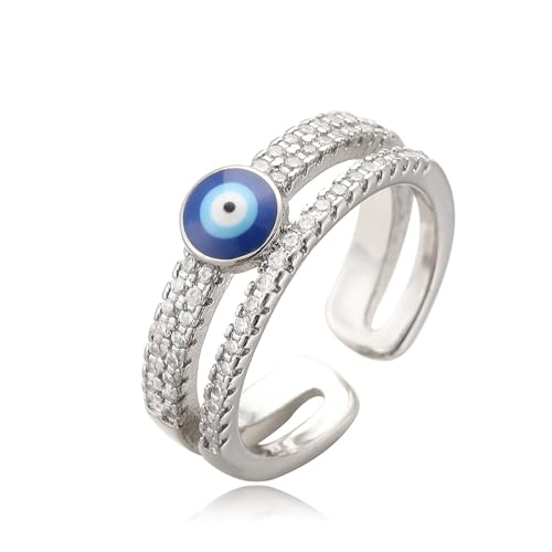 GleaMora Anillo de mal de ojo azul de moda para mujeres Anillos de doble capa de plata de oro vintage Joyería de cumpleaños Regalo de lujo de luz navideña