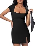 Casly Lamiit Sexy Mini Dress Women Summer Casual Party Club Square Neck Short Sleeve Bodycon Dress Side Slit Black L