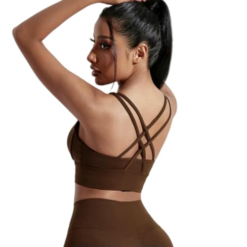 KLIRTEU Sujetador Deportivo Mujer Mujeres Cross Back Fitness Sports Bra Alta Fuerza Top Top Toping Gym Alder con Almohadilla De Cofre-castaña-s
