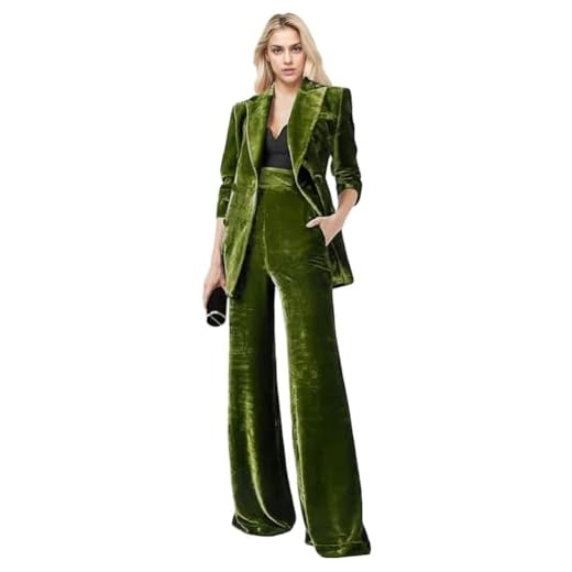 Botong Women's 2 Piece Velvet Suit Office Work Suit Notch Lapel Double Breasted Blazer Pants Business Suit Set Sage Green S