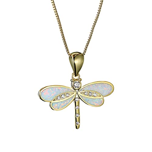 Collier libellule opale simulée blanche cristal artificiel plaqué or