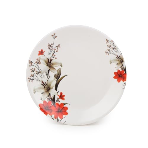 Image of Golden Fish Melamine Round Dinner Set of 18 (6 Plates + 6 Veg Bowls + 6 Half Plates) | Red & White Floral Print | Unbreakable, Dishwasher & Microwave Safe