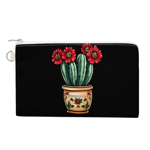 Cactus Plant Coin Purse Canvas Change Pouch Portable Pocket Wallet Mini Storage Bag with Zippered Keychain