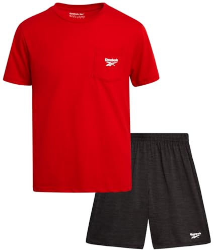 La Mejor Recopilación de Conjuntos deportivos para Niño los mejores 10. 49 Reebok - Conjunto de pantalones cortos deportivos para niños, ropa de verano de 2 piezas con playera gráfica y pantalones cortos de baloncesto para niños activos, Vector...