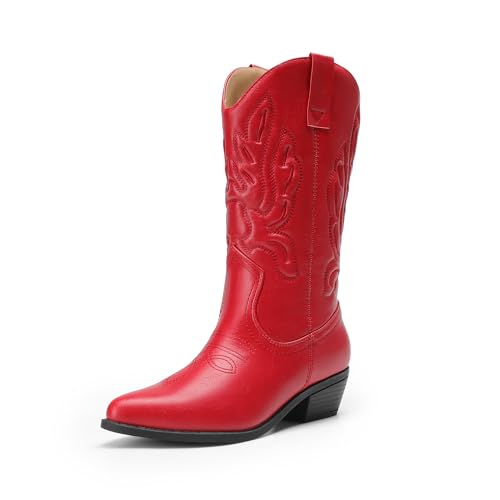 DREAM PAIRS Women's Cowboy Boots Mid Calf Cowgirl Boots Embroidery Stitched Western Boots,Size 8.5,Red,DWUMMB2419