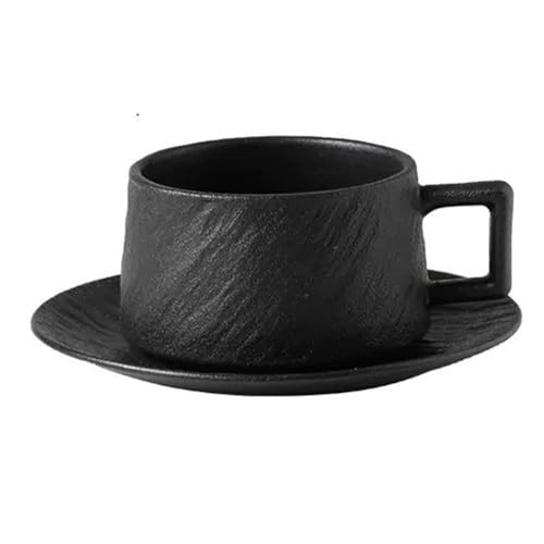 Juego de tazas de café, con textura de roca en relieve, taza de té de cerámica, taza de capuchino (taza negra con plato) Juego de tazas de café, con textura de roca en relieve, taza de té de cerámica, taza de capuchino (taza negra con plato)