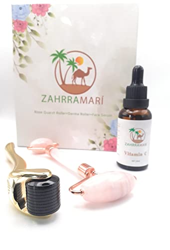 ZAHRRAMARI Kit Mansajeador de Rodillo Cuarzo Rosa de Jade - Para masaje facial 100% autentico - Dermaroller facial para el rostro - Sérum vitamina C - para belleza de cara y cuello Cover
