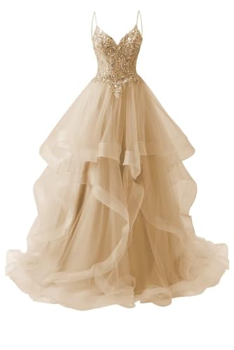 Robe de bal de princesse en dentelle plissée - Robe de bal plissée - Grande taille, champagne, 36