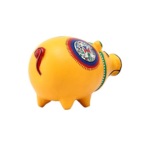 Image of Aakriti Art Creations Musturd Max Piggy Bank | Coin Bank Birthday for Boys and Girls | Hand Painted with Warli Art in Yellow Fabric Shade | Artistic Style Piggy Bank | Handcrafted Coin Bank