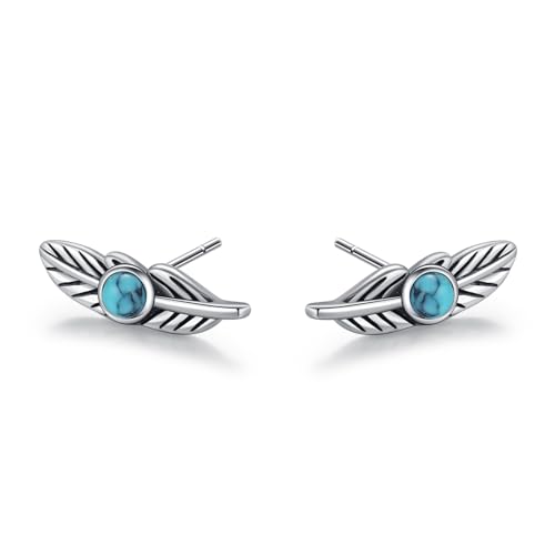 Turquoise Stud Earrings 925 Sterling Silver Feather Earrings Indigenous Jewelry Native American Gifts for Women