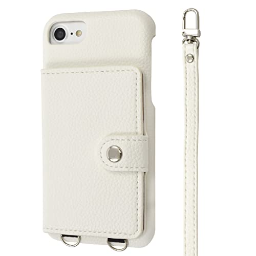 iPhone 7 / 8 / SE2 / SE3 / 6 / 6s ショルダー ケース 肩掛け 背面カードケース レザー ショルダーストラップ スマホショルダー PUレザー 収納 ストラップ付 【 ホワイト 】