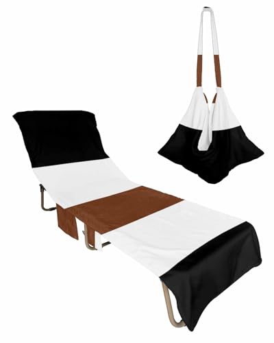 Geometric Stripes Beach Lounge Chair Towel Cover, Soft Chaise Lounge Towel with Side Pockets Patio Pool Chairs Cover for Beach/Pool Sunbathing 29x85 Boho Tribal Black Brown Whte Bohemia