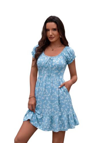 Image of HUHOT Teen Petite Women Floral Short Summer Mini Dresses with Pockets Cute Milkmaid Sundress 2026