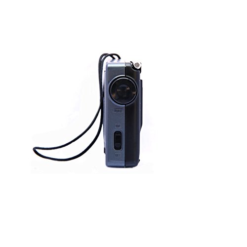 Side view of XHDATA R-9012 radio showing power switch, tuning knob, and earphone jack