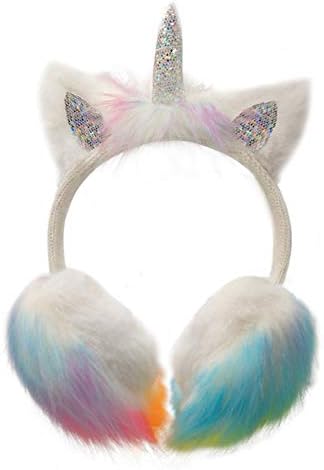 Gifts Treat Girls Unicorn Earmuffs Kids Plush Winter Outdoor Rainbow Adjustable Ear Warmers(White, M)