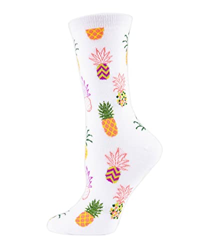 MeMoi Pineapple Fiesta Bamboo Crew Socks White One Size
