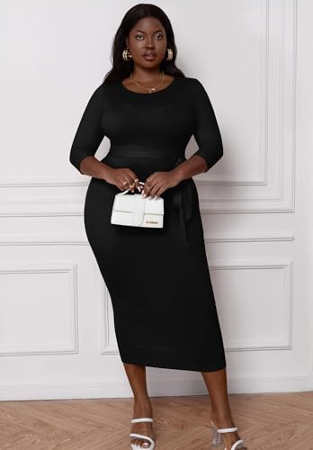 Runwind Women's Plus Size Maxi Dress Casual 3/4 Sleeve Bodycon H-Line Work Cocktail Fitted Dresses Crewneck2