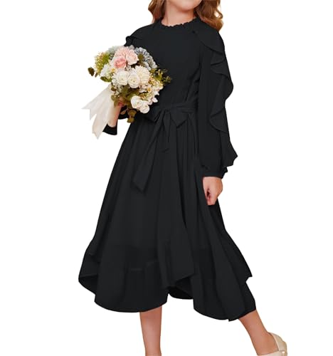 Mädchen Herbst Kleid Lässiges Langarm Hohe Taille A Linien Midikleid...