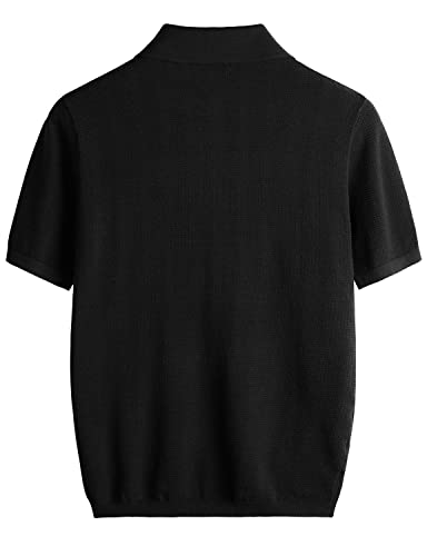 Vatpave Mens Knit Polo Shirts Casual Short Sleeve Classic Ribbed Golf Shirt With Pockets Large Black Button On #TOP1