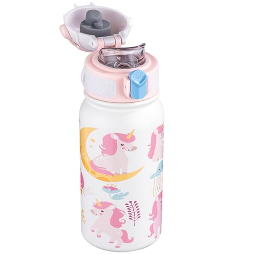 OLDLEY Botella de Agua Aislada para Niños 350ml/12oz, Termo de Acero Inoxidable, Doble Pared, Antifugas, Bonito, Pequeño, con Asa, Mantiene Bebidas Frías o Calientes para Niños, Niñas y Pequeños.