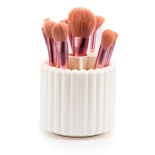 Image of 360 Rotating Makeup Brush Holder,Cute Makeup Brush Cup, Removable 7 Slots Spinning Cosmetic Brushes Storage Pen Holder for Vanity, Dresser, Desk, 5 Inch | 1 Pack White