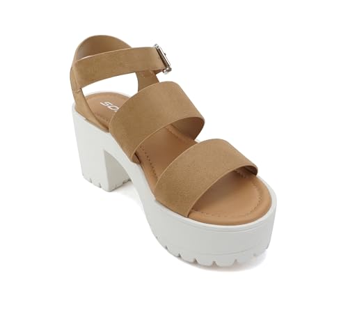 Image of Soda ACCOUNT ~ Women Open Toe Two Bands Lug sole Fashion Block Heel Sandals with Adjustable Ankle Strap