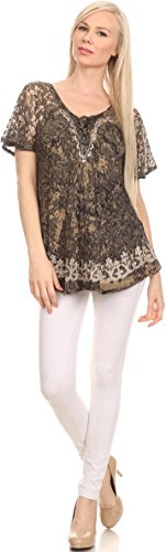 Image of Sakkas Ash Speckled Tiedye Embroidered Cap Sleeve Blouse Top with Embroidery Hems
