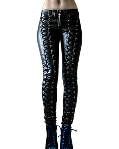 ZH8FCHAN Women's Lace Up Faux Leather Leggings Gothic Bandage Sexy
