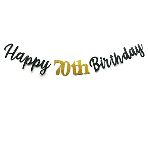 Glitter Happy 70th Birthday Banner Double Sized Glitter Paper 70 Birthday Sign Banner - Cheers to 70 Years Birthday Party Bunting Decorations Black Pre-Assembled