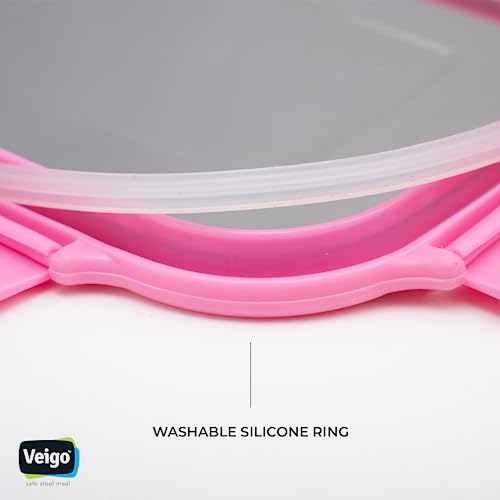 Image of Veigo Original Set Pack of 3 Stainless Steel Airtight & Leakproof Medium Lunch Box with Silicon Ring & Polymer Frame for Re-Heating|Safe Lid Lock|Square (330ML) Pink