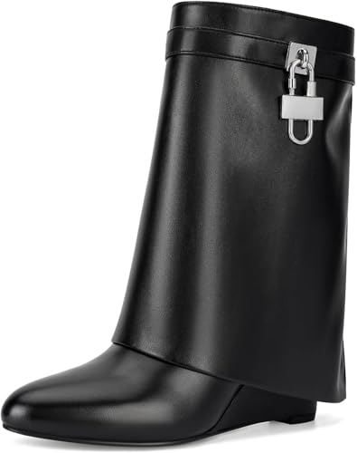 CORNMOOD Women Fold Over Wide Mid-calf Boots Platform Wedge Heel Round Toe Faux Leather Pull On Shark Booties with Padlock Short Boots