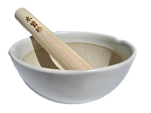 j-pure hitomi Made in Japan Ripple Ridge Mortar and Pestle Suribachi & Surikogi Set 6.6 Inches for Both Right and Left Handed Mino Ware Pottery Ivory M88238