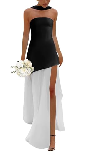 Chiffon Strapless Bridesmaid Dresses for Women Satin High Slit Formal Evening Dress with Scarf