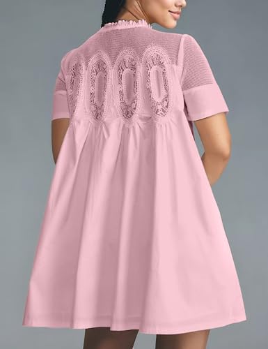 Image of Womens Summer Lace Mini Babydoll Dress Ruffled Collar Short Sleeve Loose Mesh Swing Elegant Flared Sundress