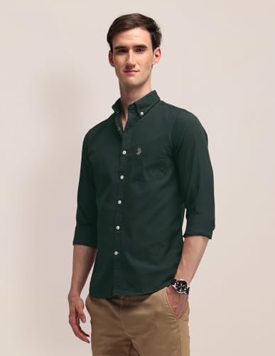 Image of U.S. Polo ASSN. Solid Slim Fit Shirts for Men - 100% Cotton, Full Sleeve Mens Casual Shirts