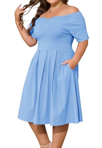Image of Womens Plus Size Summer Dresses Off Shoulder Short Sleeve A-Line Wedding Guest Swing Waist Midi Dress with Pockets