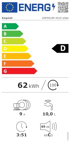 Exquisit Geschirrspüler schmal 9 Maßgedecke Energieklasse D 49 dB | Programme Eco Zeitprogramm Startzeitvorwahl Aquastop höhenverstellbarer Oberkorb Besteckkorb | GSP59109-451D silber