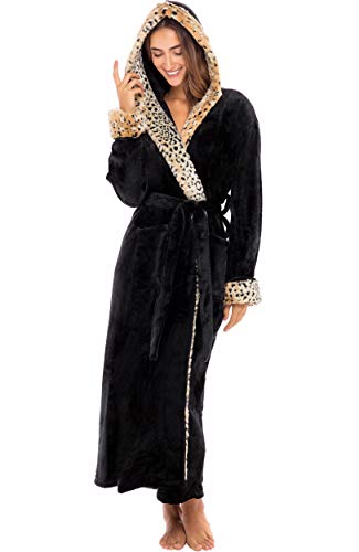 Alexander Del Rossa Women’s Robe, Warm Fleece Hooded Bathrobe With Two Large Front Pockets And Tie Closure, Black With Leopard Print Limited Edition, 1X-2X #TOP24