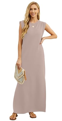 Image of GRECERELLE 2026 Women Year-Round Casual Round Neck Loose Split Wrinkle-Free Long Maxi Vacation Dress with Pockets (XXS-4XL)