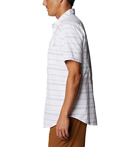 Columbia Men’s Silver Ridge Short Sleeve Seesucker Shirt, Moisture Wicking, Sun Protection, White Stripe, Large #TOP2