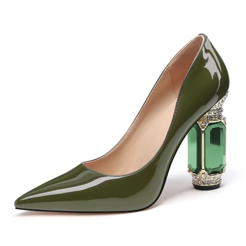 Image of JANSEVEN Women Chunky Heels Pumps Crystal Block Heels with Rhinestones Pointed Toe Sexy Gradient Patent Leather Slip on Bridal Party Wedding Dress Shoes 5-13 M US