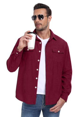 Image of Askdeer Men's Corduroy Button Down Shirts Long Sleeve Casual Shacket Jacket Western Corduroy Shirt Jacket with Flap Pockets
