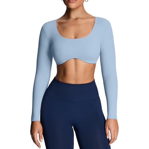 Image of Aoxjox Women's Define Sculpt Long Sleeve Crop Tops | buttery soft fabric,curved hem,hollow back, low support, removable pads, workouts,yoga,gym, daily wear