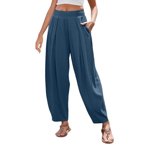 Women’s Casual Cotton Linen Harem Pants Trendy High Waised Palazzo Boho Pants with Pockets Summer Vacation Trousers