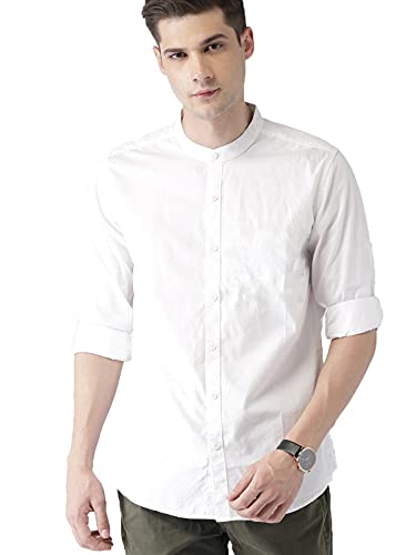 Image of OTUS Men's Cotton Casual Slim Fit White Mandarin Shirt