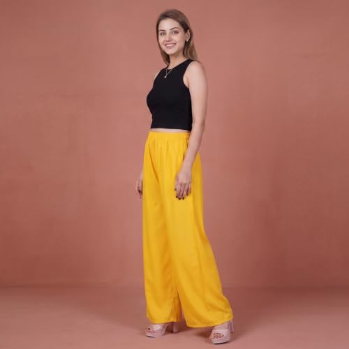 Image of FASHION GALLERY Women's Solid Rayon Palazzo Pants | Relaxed Fit Full Length Wide Leg Palazzo | Elastic Waist Comfortable Casual Lounge Office Ethnic Flared Trousers for Women