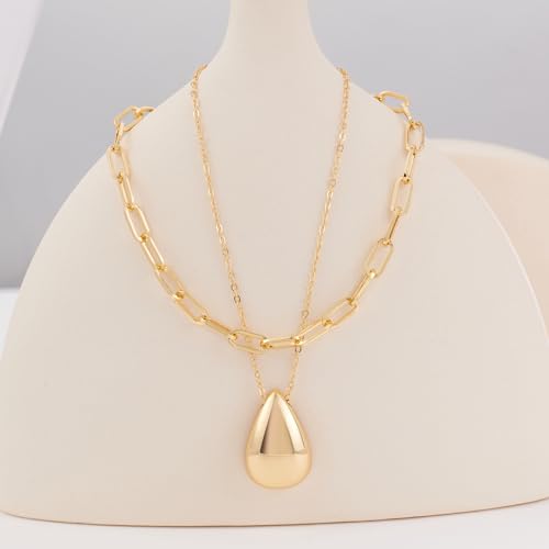 FAMARINE Gold Layered Necklace for Women Paperclip Chain Necklace Teardrop Pendant Necklace4