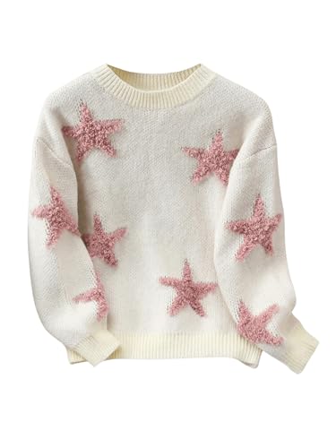 MakeMeChic Girl's Star Print Cute Crew Neck Cable Knit Sweater Drop Shoulder Long Sleeve Pullovers