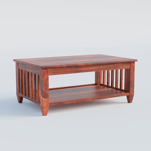Image of Solid Sheesham Wood Rectangle Centre Table, Coffee Table For Living Room, Wooden Sofa Center Table With Shelf Storage for Home & Office | Rosewood, Honey Finish, Pre Assembled & Ready To Use