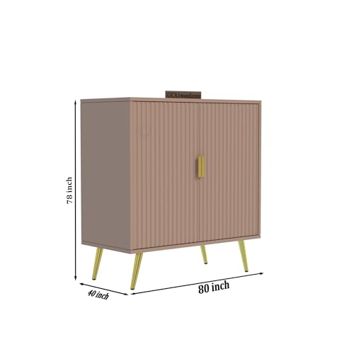 Image of Wooden Fluted Design Storage Cabinet with 2 Doors | Modern Sideboard Cabinet for Living Room, Bedroom & Entryway | Multipurpose Organizer Cupboard | HDMR Premium Wood | Gold Metal Legs (Beige)